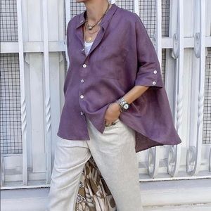 AndAndrea boysenberry linen “bag” shirt